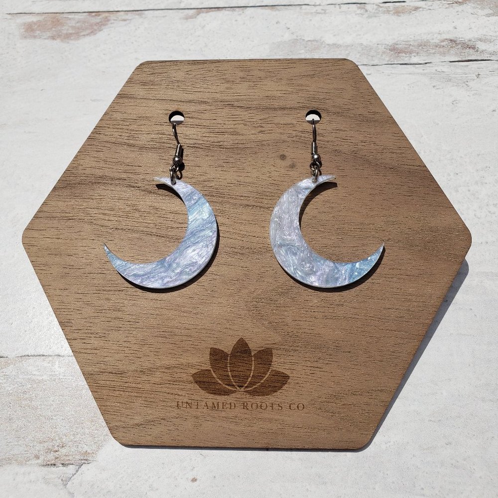 Celestial Moon Dangle Earrings, Lavender Purple Galaxy Swirl, Handmade, Acrylic